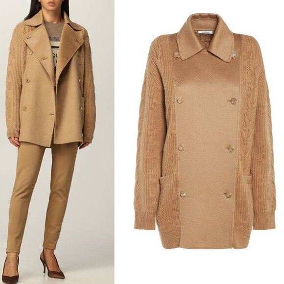 Max Mara Rumena Double Breasted Cashmere Cable Knit Coat Camel Large - Picture 9 of 12